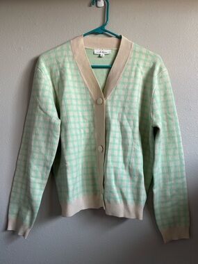 Aiblee Plaid Cardigan Long Sleeve Cream Mint Green Large Fall Preppy Sweater